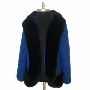 Vtg 50s Wool Check Mouton Fur Trim Swing Jacket S